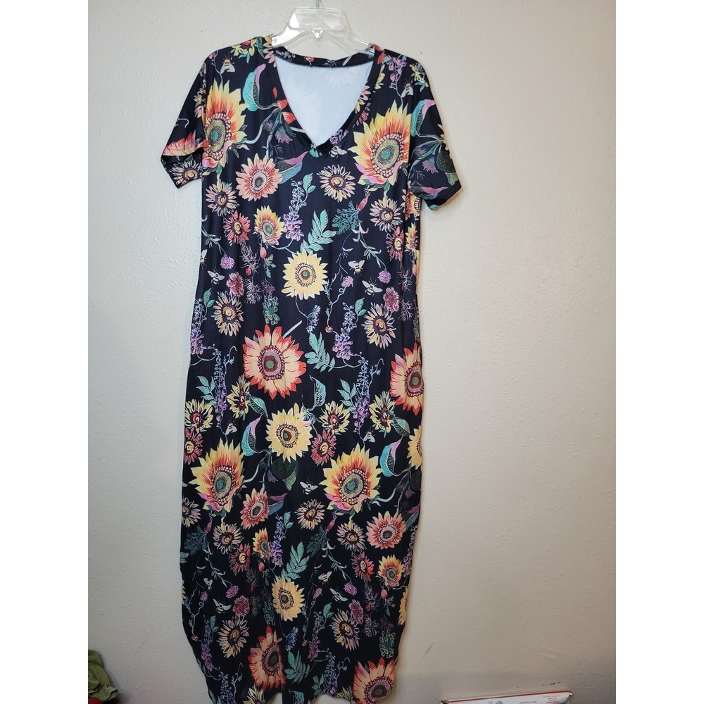 HUSKARY‎ Women's Stretch Poly Summer Sunflower Floral Maxi Dress Pockets XL NWT